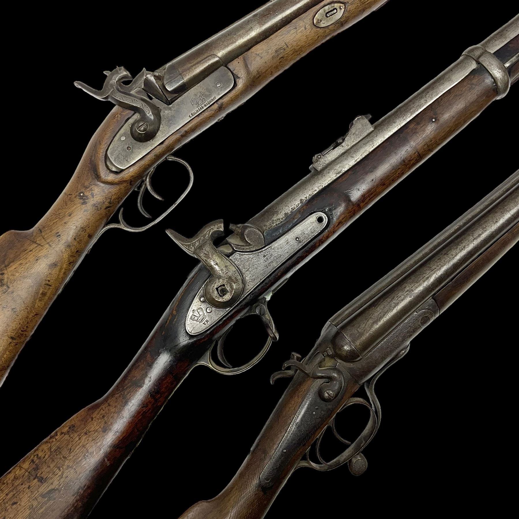 19th century Indian .577 Enfield muzzle loading rifle, proofed for 26-bore, the 98.5cm barrel with three barrel bands and later ram rod L140cm overall; 19th century Belgian side-by-side double barrel percussion shotgun, approximately 20-bore, with 74cm barrels and studded walnut stock, lock plate marked 'Liege 1868' and 'V. Gulikers-Maquinay' L117cm overall; and another side-by-side double barrel shotgun by Smythe with underlever opening (3)