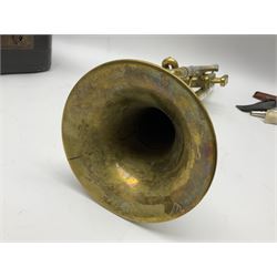 Boosey & Hawkes Emperor brass trumpet L48.5cm; in Henri Selmer carrying case with five mouth pieces and four mutes