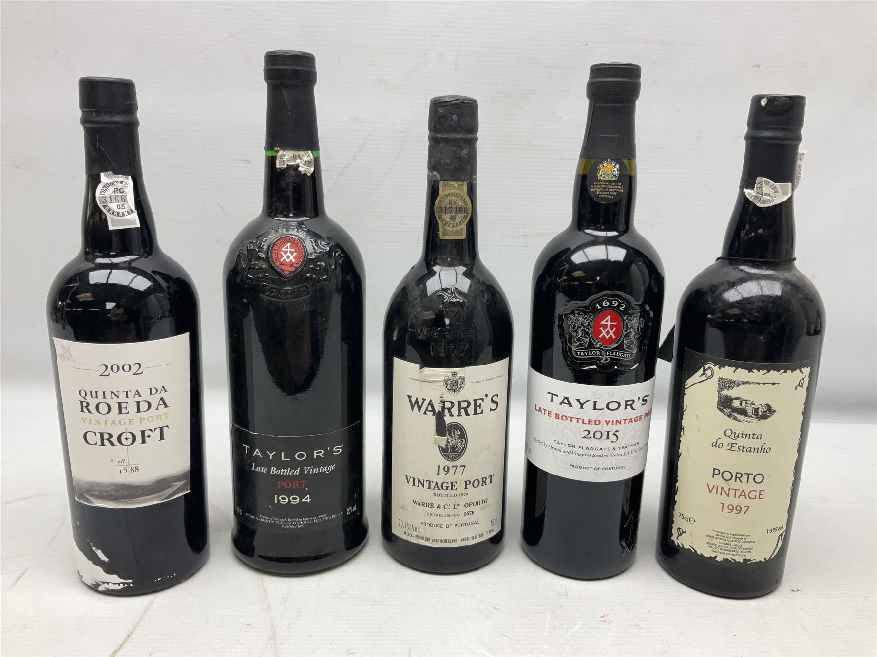 Mixed port, comprising Warre's 1977, vintage port, Quinta do Estanho, 1997, vintage port, Croft Quinta da Roeda, 2002, vintage port, Taylors, 1994, port and Taylors 2015, port, various contents and proof (5)