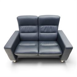 Ekornes - Stressless 'Wave' two seater sofa, upholstered in blue leather, independent recline mechanism, raised on cylindrical chrome supports