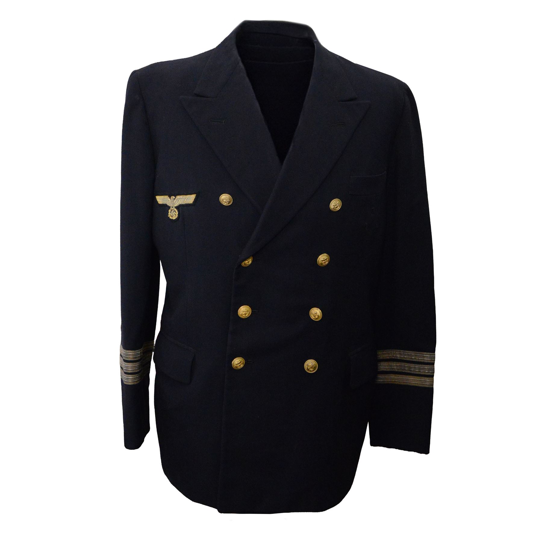 German World War II Kreigsmarine navy blue jacket by Ernst Brendler, Hamburg, with ribbon band, National Emblem and  anchor brass buttons