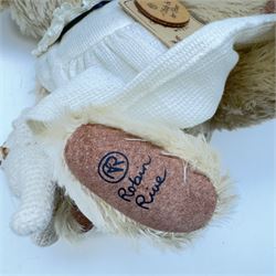 Three limited edition Robin Rive teddy bears to include 'Peace' a yellow mohair bear holding a yellow rose limited edition no.4/200, 'Tuddles' a musical grey mohair bear limited edition no.9/100 and 'Sally & Her Bear' a blonde mohair bear with crocheted teddy bear limited edition no.143/300, all with certificate tags, tallest H41cm 
