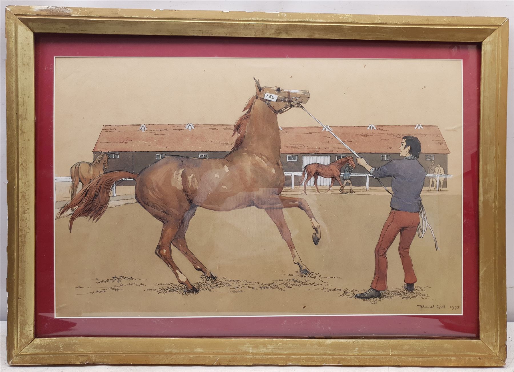 Muriel Gill (British mid 20th century): In the Training Paddock, watercolour and ink signed and dated 1973, 41cm x 65cm