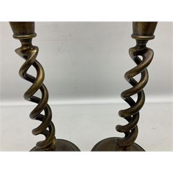 Pair of Victorian brass barley twist candle sticks, H30cm