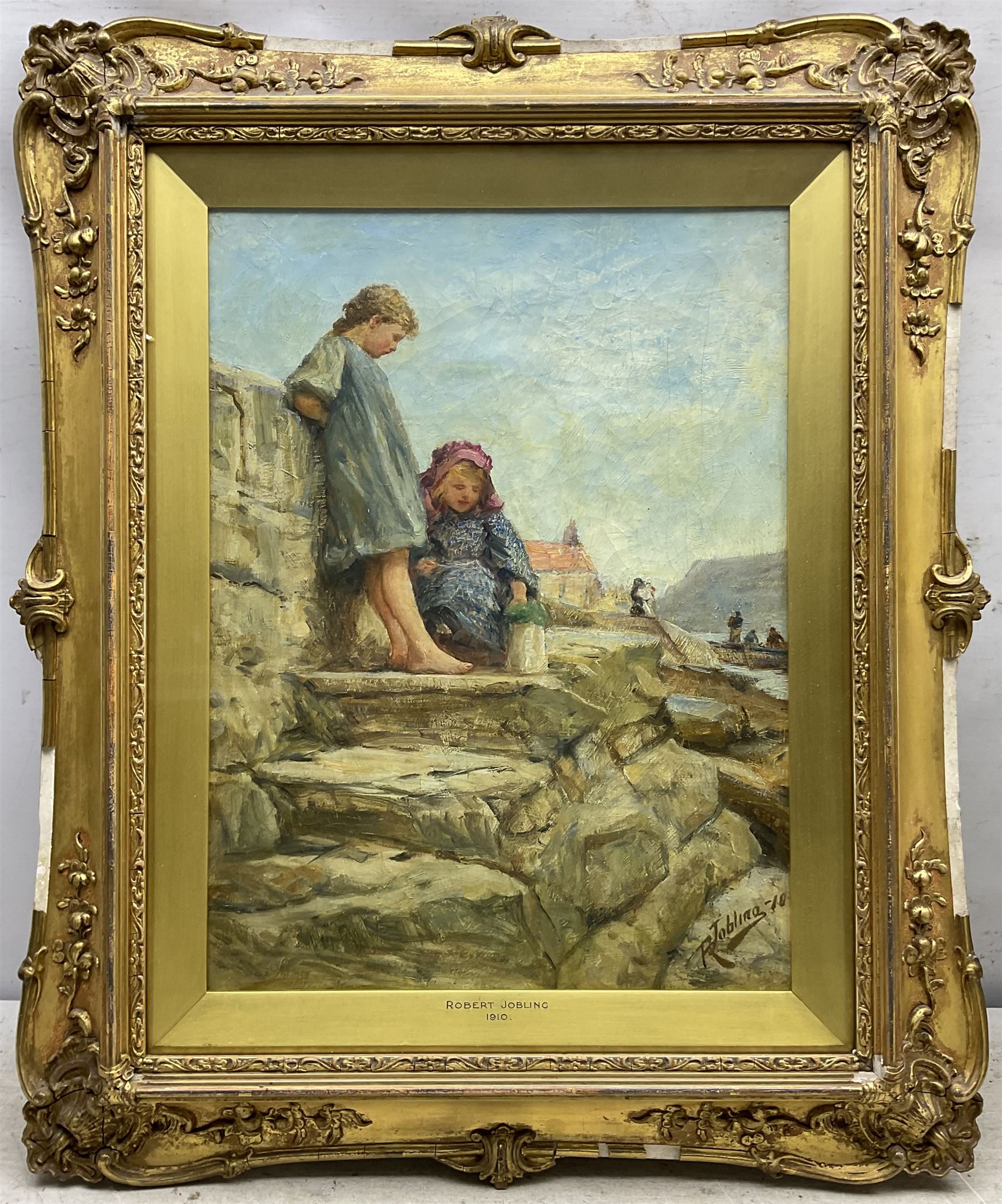 Robert Jobling (Staithes Group 1841-1923): Girls on the Steps at Cowbar - Staithes, oil on canvas signed and dated '10, 39cm x 29cm