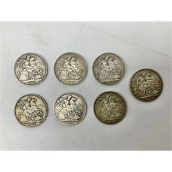 Seven Queen Victoria crown coins, dated two 1889, 1890, 1895, 1896, 1897 and 1900