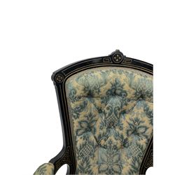 Victorian Aesthetic Movement ebonised and parcel-gilt armchair, carved and fluted with Greek key decoration, upholstered in blue and ivory foliate patterned damask fabric with sprung seat, scrolled arm terminals with applied acanthus leaf decoration, tapering fluted supports with ceramic castors