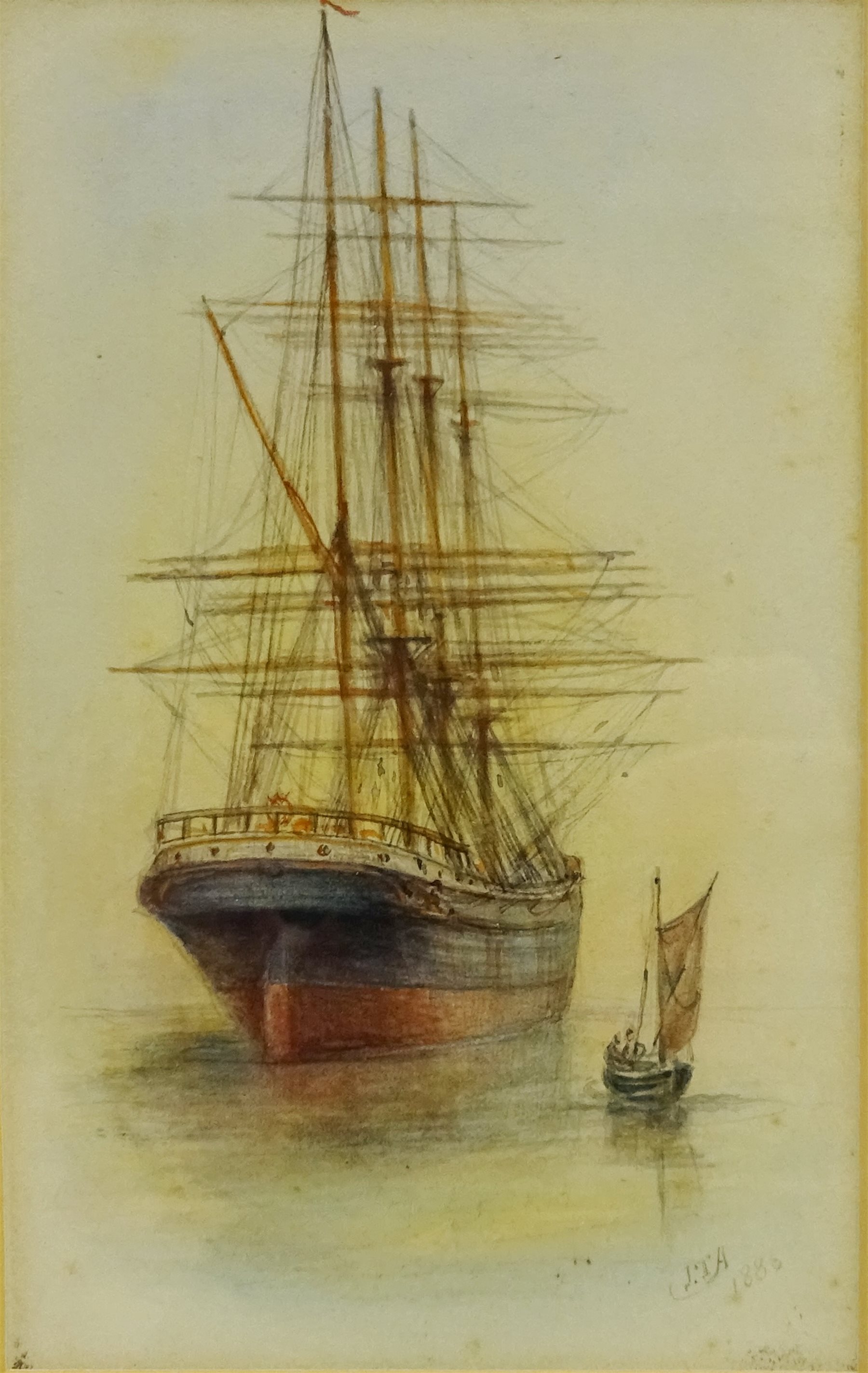 Sailing Vessel And Boat In Calm Waters 19th Century Watercolour Signed With Initials J T A And Dated 16 15 5cm X 9 5cm Antiques Interiors