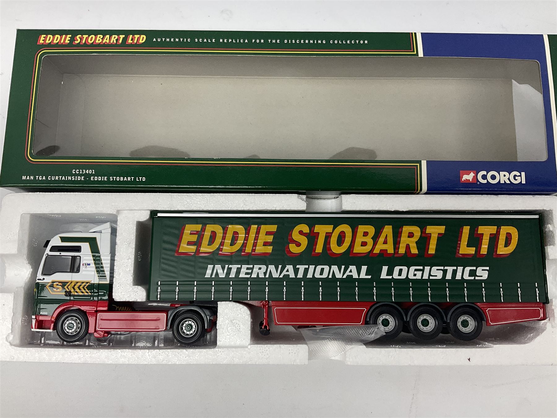 Corgi Eddie Stobart - three lorries; limited edition CC12802 Scania T-Cab Bulk Tipper; limited edition CC13201 DAF XF Super Space Cab Curtainside; and CC13401 MAN TGA Curtainside; all boxed (3)