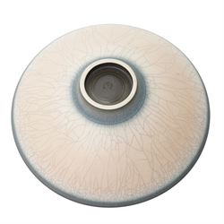 David James White (British 1934-2011): crackle studio pottery footed bowl in peach and grey, impressed marks to base, D29cm 