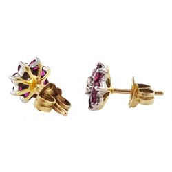 Pair of 18ct gold ruby and round brilliant cut diamond cluster stud earrings, hallmarked