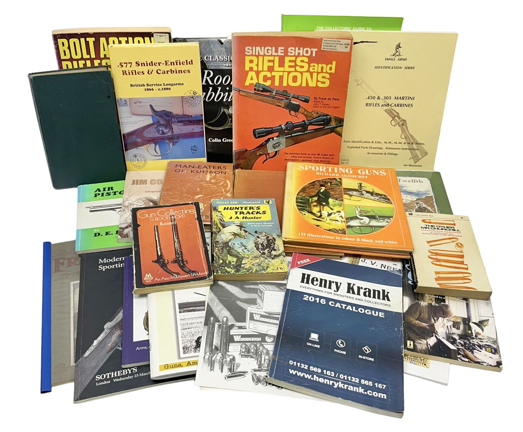 Collection of books, pamphlets and catalogues on guns and shooting including Colin Greenwood: Rook & Rabbit Rifle. 2006; Frank de Haas: Bolt Action Rifles. 1984 and Single Shot Rifles and Actions. 1969; Ian Skinnerton: .577 Snider-Enfield Rifles and Carbines. 2003 and two Small Arms Identification Series booklets; two Collectors Guides on Air Rifles by D.E. Hiller etc; and Bruce Bairnsfather Bystander's Fragments From France No.4