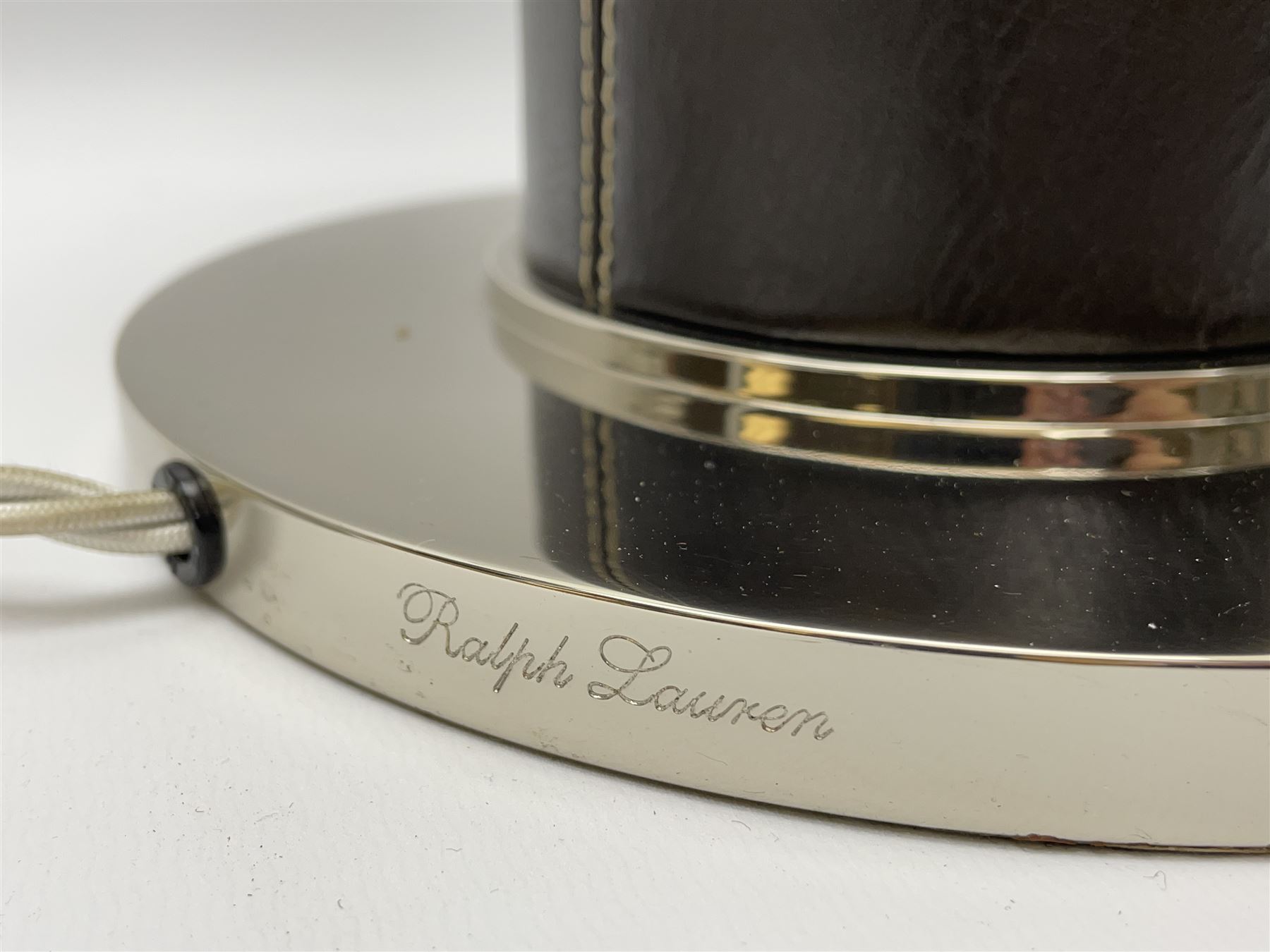 Ralph Lauren - 'Beckford' table lamp, cylindrical form in chocolate brown leather, polished metal base, with shades