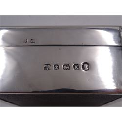 1930s silver mounted cigarette box, of square form, with engine turned decoration and blank rectangular panel to hinged cover, opening to reveal softwood lined interior, hallmarked William Neale & Son Ltd, Birmingham 1934, H3.8cm