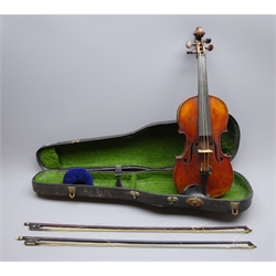  Early 20th century French violin with 36cm one-piece maple back (split) and ribs and spruce top, bears label ' Antonius Stradiuarius Cremonensis Faciebat Anno 1719 A+S', L59cm overall, in carrying case with two bows  