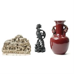 Chinese Soapstone carving with figures, trees etc W26cm, Chinese flambe two handled vase H...