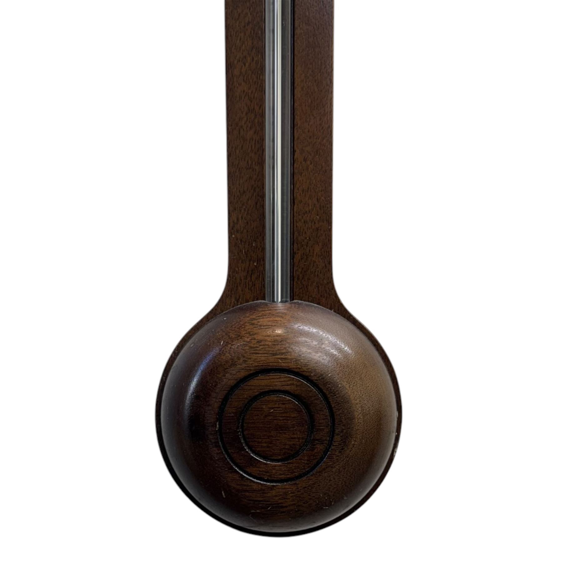 Rapport London -  20th century mercury stick barometer, in a mahogany case with a silver register and an adjustable circular brass recording collar, register indicating barometric air pressure from 27 to 31 inches, with a Fahrenheit spirit thermometer, full length visible cistern tube with a turned wooded cover to the base. 
