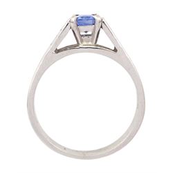 White gold sapphire and diamond ring, single stone radiant cut sapphire of approx 0.65 carat, with two baguette cut diamonds set either side, hallmarked 9ct