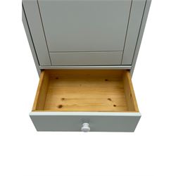 Single wardrobe cupboard, with drawer, finished in duck egg blue with oak cornice