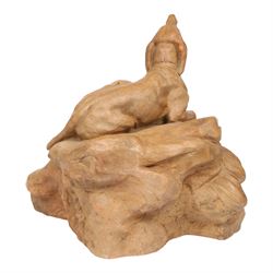 Thomas Cartier (1879-1943); terracotta sculpture of a boy sleep watched over by two dogs, signed to base, H40cm