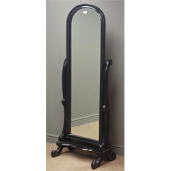  Black painted arched bevel edge cheval mirror, splayed supports, W60cm, H170cm, D45cm  
