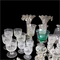 Collection of glassware, including goblets, pair of etched wine glasses, etc