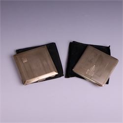 Two mid 20th century silver compacts, both rectangular with engine turned decoration, one with engraved monogram to cover, hallmarked Randle Brothers, Birmingham 1946, the other with personal engraving to interior, hallmarked William Suckling Ltd, Birmingham 1947, H7cm, both in fabric pouches