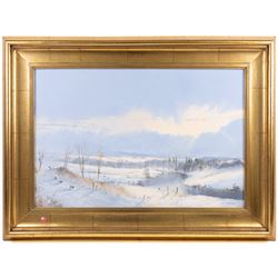 Peter M Drewett (British 1957-): 'Winter on the Forglen Estate - the Deveron', oil on canvas signed, titled verso 50cm x 75cm