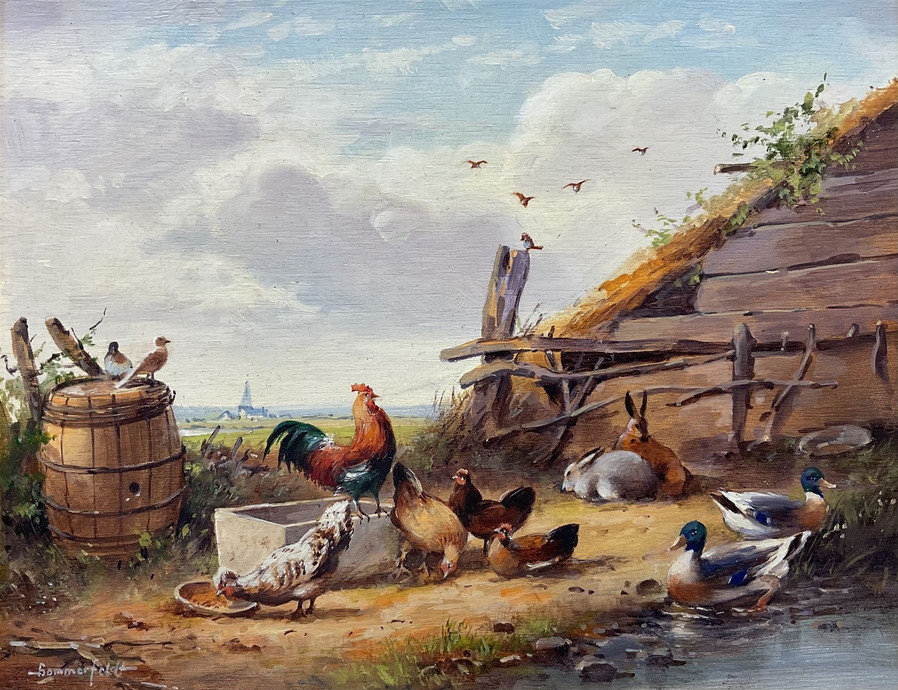 After Edgar Hunt (British 1876-1953): Farmyard Scene, 20th century oil board signed Sommerfield 23cm x 29cm 