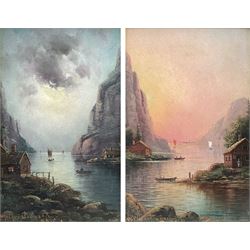 Nils Hans Christiansen RAC (Danish 1850-1922): River Valleys at Dusk, pair oils on board signed 22cm x 14cm (2)