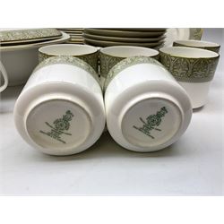 Royal Doulton Sonnet pattern part tea and dinner service, including  twelve dinner plates, twelve bowls, twelve side dishes, two covered tureens, one meat platter, coffee pot, twelve coffee cans and saucers etc (approx 90)