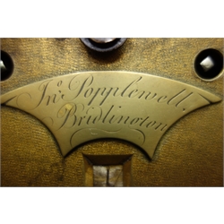  18th century oak longcase clock, stepped arch trunk door, brass dial with strike/silent, subsidiary second dial and date aperture, Arabic and Roman chapter ring, signed 'John Popplewell, Bridlington', H200cm  