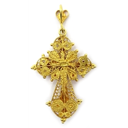 Gold filligree cross pendant set with a ruby stamped 18ct, 4cm
