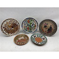 Two Greek Kerameikos plates together with a Kepamik plate and other Grecian style ceramics, carved African figures and treen, boxes etc 