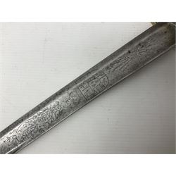 Late 18th century sword, the Spanish 79.5cm curving fullered blade engraved with the Royal Cypher, battle trophies and 'Viva Espania' banner, French Sabre de Mineur brass three-bar hilt with ebonised reeded grip L93.5cm overall (no scabbard)