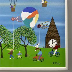 Gordon Barker (British 1960-): Hot Air Balloons, acrylic on paper signed 28cm x 28cm