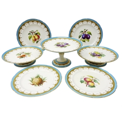  Later Victorian Minton dessert service hand painted with fruit within a gilded border on turquoise ground comprising four dessert plates, two low and one tall tazza, pattern no. G721, c1875 (7) Provenance Property of Bob Heath, Brandesburton Formerly of Ravenfield Hall Farm near Rotherham  