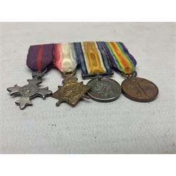 George V Military Cross miniature group of six medals comprising MC, WW1 trio including 1914 Star, Long Service and Good Conduct Medal and General Service Medal with Iraq clasp; and miniature group of four medals comprising Military OBE and WW1 trio including 1914-15 star; all with ribbons and both on pinned wearing bars