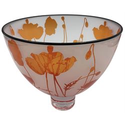 Gillies Jones of Rosedale glass bowl decorated with orange poppies with black rim, upon a short clear tapering foot, signed to base, H14cm D15cm