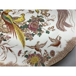 Five early 20th century Royal Crown Derby Olde Avesbury pattern dinner plates, decorated with oriental pheasants, butterflies and other birds amongst flowering branches, with impressed and printed marks to reverse, D26.5cm