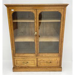 Edwardian oak glazed bookcase with drawer, two glazed doors enclosing two shelves above single long drawer, raised on plinth base 