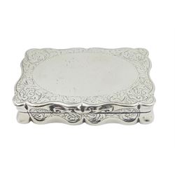 Victorian silver snuff box, of oblong scalloped form with engraved foliate scrolls surrounding a vacant oval panel, hallmarked George Unite & Sons, Birmingham 1892, L6.5cm, approximate weight 1.70 ozt (53 grams)