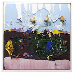Gillian Ross Kelsey (British 1935-2025): 'Three Tulips', mixed media on board, signed and titled verso 61.5cm x 61.5cm