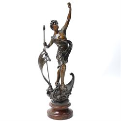 Pair of 19th century spelter male and female figures representing agriculture and fiscing on wooden bases H68cm