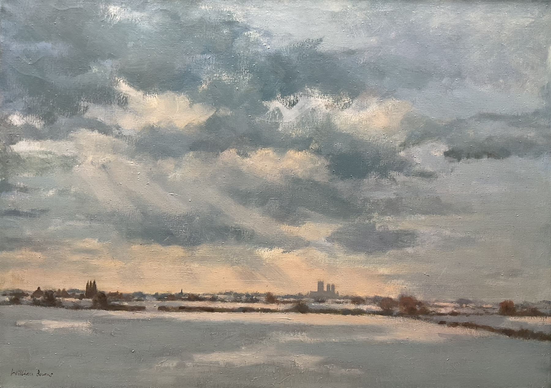 William Burns (British 1923-2010): 'Winter Landscape - Lincoln Cathedral in the Distance', oil on canvas signed, titled verso 50cm x 70cm 
Provenance: direct from the artist's family