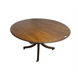 George III mahogany dining table, oval tilt-top with moulded edge, raised on pedestal with quadrupod base terminating in four reeded splayed supports with brass cups and castors