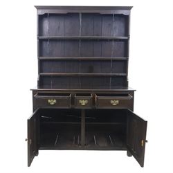 Georgian design oak dresser and rack, fitted with three drawers and two cupboards, complete with three tier plate rack