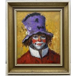 Continental School (Late 20th Century): Purple Hatted Clown, oil on canvas indistinctly signed 44cm x 37cm 