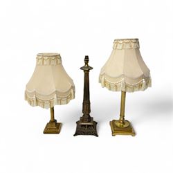 Group of three table lamps, comprising a pair of brass column lamps with matching scallope...