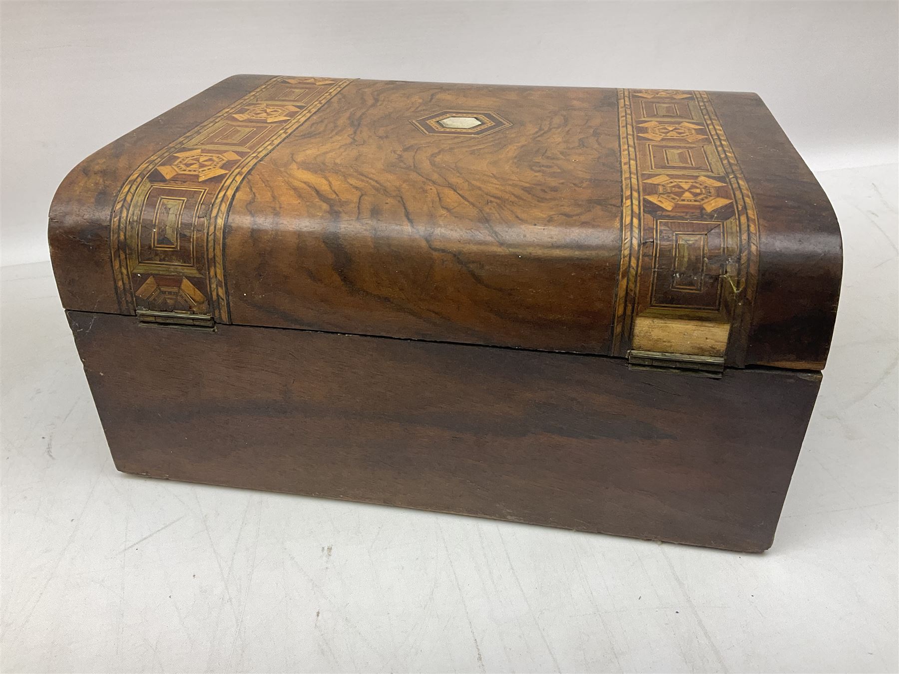 Victorian walnut box with Tunbridge ware banding and mother-of-pearl inlay, W29.5cm H14cm, together with first aid kit box and Group of early 20th century ornate gold plated (tested) and gilt brooch frames and panel fronts